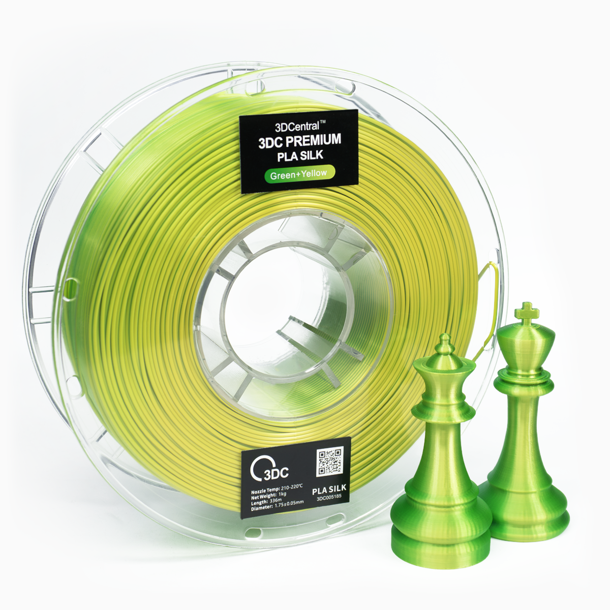 Premium green and yellow 3D printer filament spool
